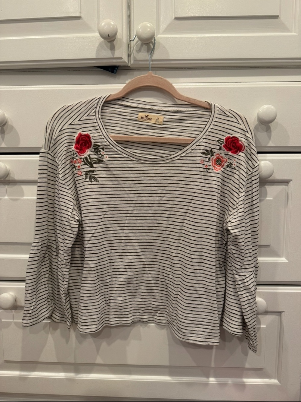 Hollister White and Black Striped Long-Sleeve Tee with Red Floral Embroidery